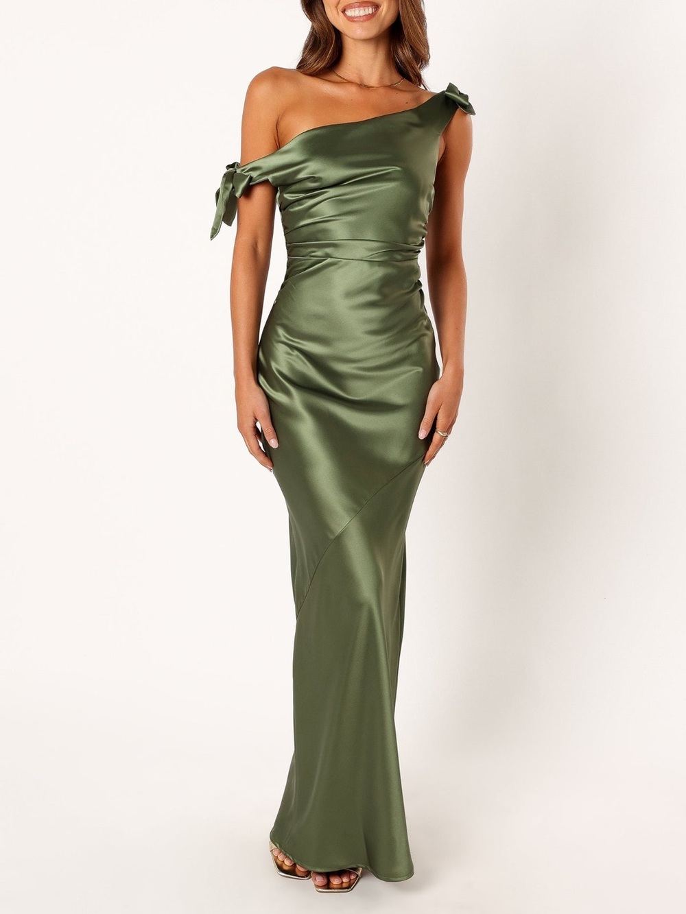 NWT Petal & Pup Selma Off The Shoulder Maxi Dress Olive Green Satin XS